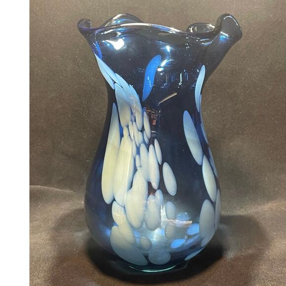 Hand Blown 9 in. Cobalt Blue Vase with White Accents - Picture 4 of 5